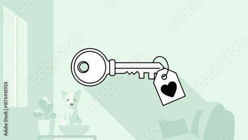 A stylized illustration features a key with a heart-shaped tag, a dog, a plant, and a sofa in a room
