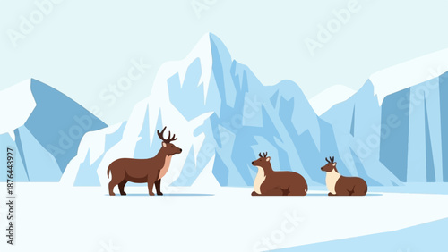 A trio of reindeer rest in a frosty, snow-covered landscape with dramatic icy peaks