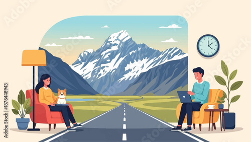 A woman and man work remotely from comfortable chairs with a dog and plants, overlooking a scenic mountain road