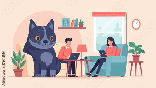 A stylized illustration of a cat and two people working on laptops and tablets in a cozy living room