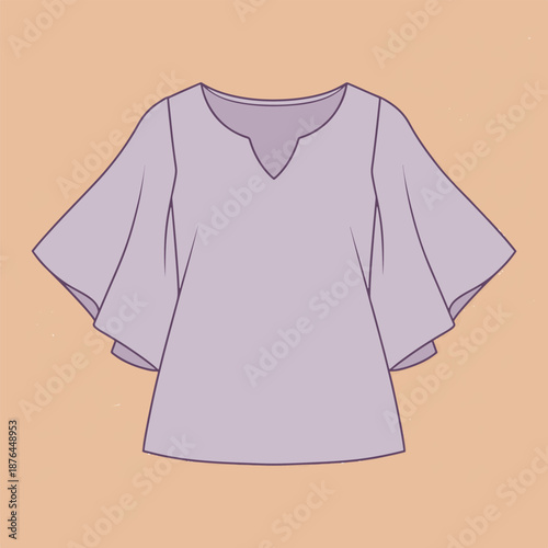 Lavender blouse with bell sleeves and V neckline on peach background