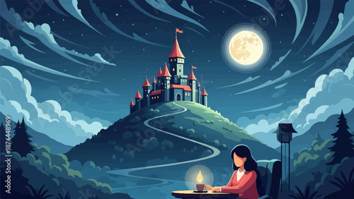 A solitary figure contemplates a distant castle under a moonlit, cloudy night sky