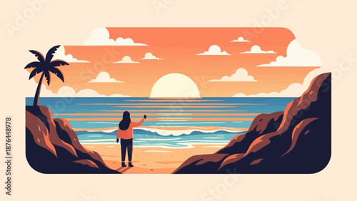 A solitary figure gazes at a vibrant sunset over a serene ocean, with a palm tree on a rocky shore