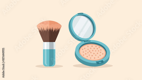 A turquoise makeup compact with a mirror and a powder puff sits beside a matching powder brush