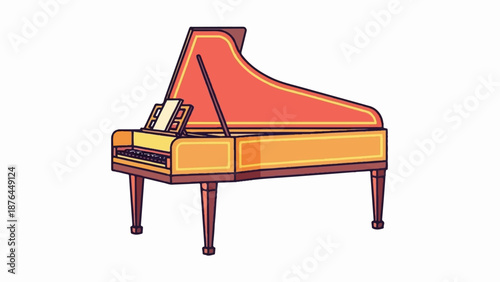 A stylized illustration of a grand piano with an open lid, showing keys and music sheets
