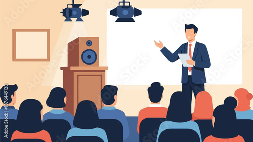 A presenter addresses an audience from a stage with a blank screen and speaker