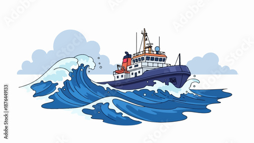 A tugboat navigates rough ocean waves under a cloudy sky
