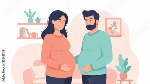 A pregnant woman and man stand close, hands resting on bellies in cozy home