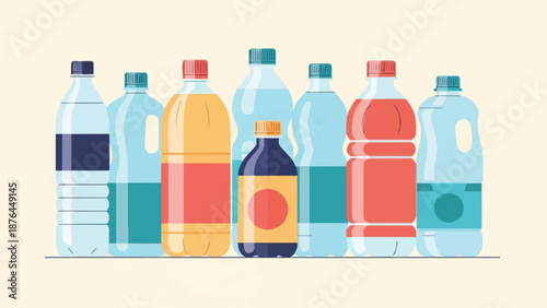A variety of colorful plastic bottles filled with different beverages, arranged in a row on a light beige background