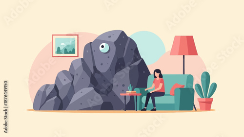 A solitary person sits on a couch next to a large, one-eyed rock formation in a surreal indoor scene