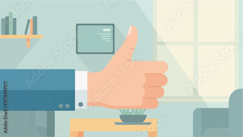 A stylized illustration of a hand giving a thumbs-up in an office setting