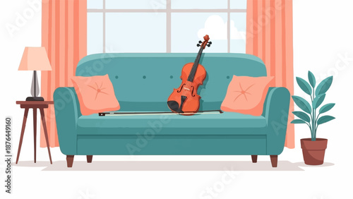 A turquoise sofa with a violin, bow, and pillows, near a lamp and potted plant
