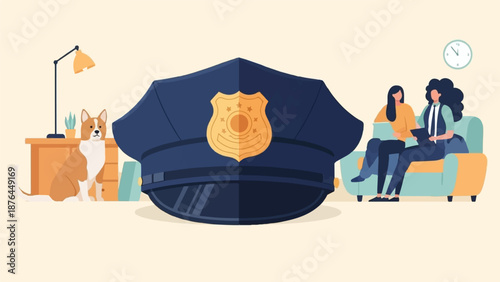 A police hat is featured prominently, with a dog and people present