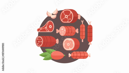 A variety of raw meats and sausages arranged in a circle with garlic and herbs