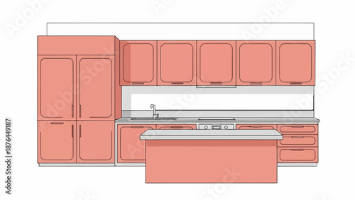 A stylized illustration of a modern, pink-toned kitchen unit with cabinets, drawers, a sink, and a stovetop