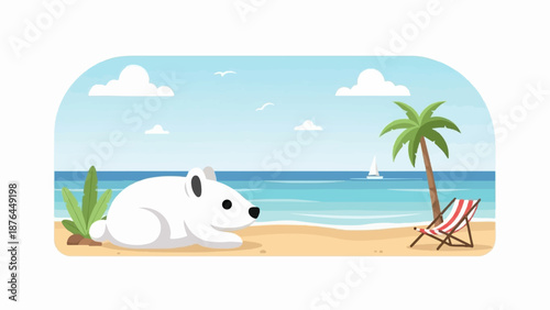 A polar bear relaxes on a sandy beach next to a palm tree and lounge chair