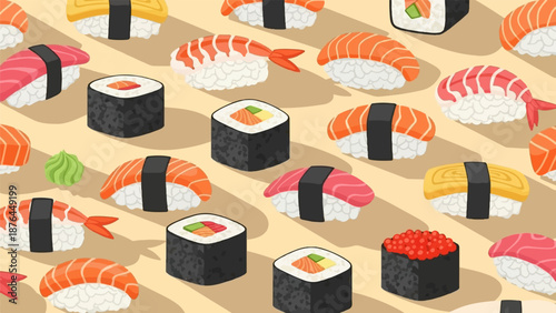 A variety of sushi and rolls are artfully arranged in a repeating pattern on a light brown background