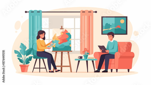 A woman paints a colorful abstract picture on an easel while a man reads on a tablet in a cozy room