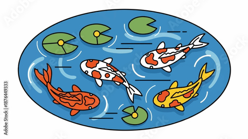 A playful cartoon illustration of vibrant koi fish swimming in a blue pond with lily pads