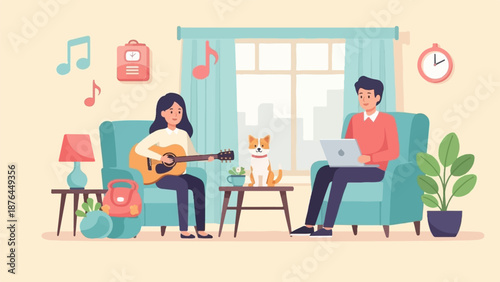A woman plays guitar, a man uses laptop, a dog sits between them