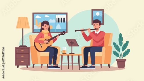 A woman plays guitar while a man plays flute in a cozy room