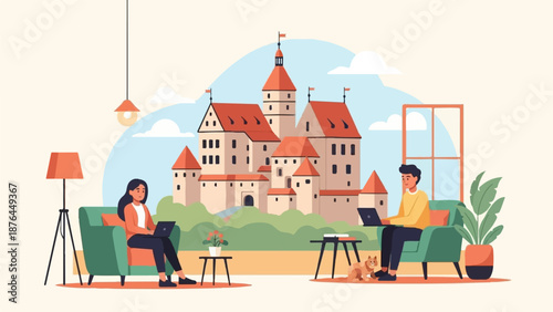 A stylized illustration shows two people working remotely on laptops with a castle in the background