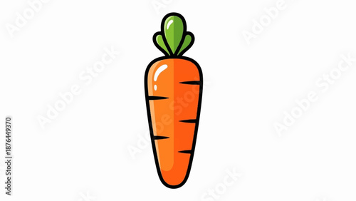 A vibrant, cartoon-style carrot with a glossy finish, featuring green leafy tops and subtle orange stripes