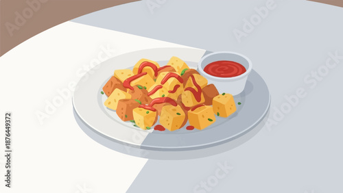 A plate of golden-brown fried potato cubes with red sauce drizzle and a side of ketchup