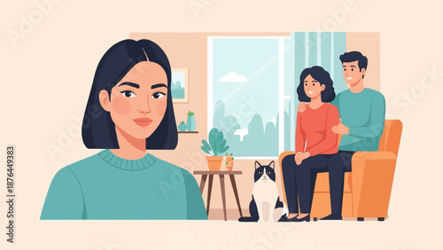 A woman poses forward while a couple and cat relax indoors, viewed through a window