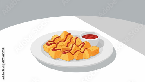 A plate of golden, crispy, bite-sized snacks generously drizzled with vibrant red sauce, served with a side of dipping sauce