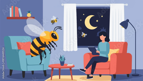 A woman reads a tablet while a giant bee flies into a cozy living room at night