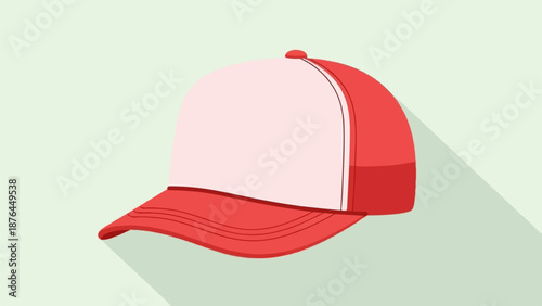 A plain red and white baseball cap with a long shadow cast on a light green background