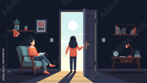 A woman reads in a dimly lit room as another opens a bright doorway to a sunny sky
