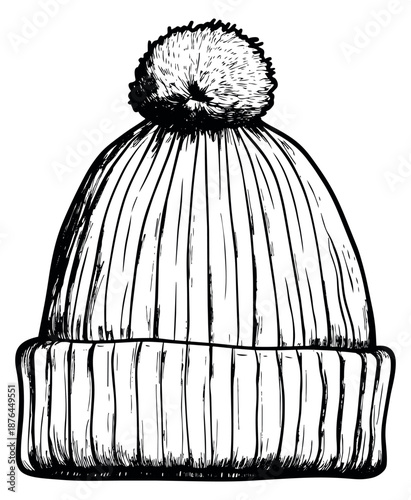 Hand drawn line art illustration of a winter hat depicting a pompom and ribbed texture for cold weather fashion