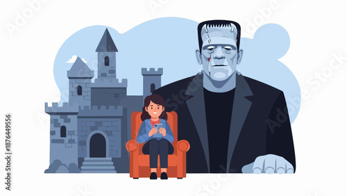 A woman relaxes in an armchair with a phone, overshadowed by a towering figure and a castle