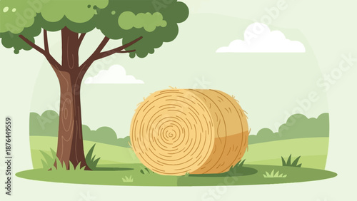 A stylized landscape with a large tree and a round hay bale