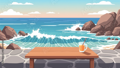 A pixelated view of crashing waves on a rocky shore with a drink on a wooden table