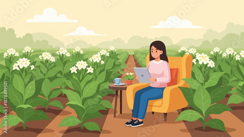 A woman relaxes in a chair in a tobacco field, working on a tablet