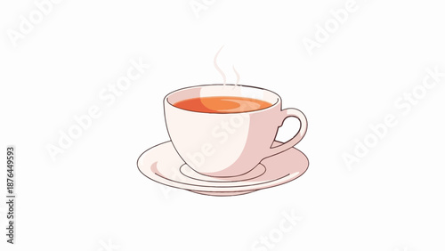 A steaming cup of amber tea sits on a saucer, rendered in a simple, clean, cartoon-like style
