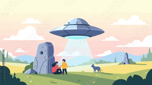 A pixelated scene depicts a UFO beaming light down on a mother and child with a dog nearby