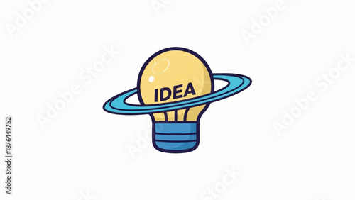 A stylized lightbulb with "IDEA" written on it, encircled by a blue ring, on a white background