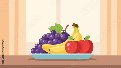 A still life arrangement of colorful fruits, including grapes, bananas, and apples