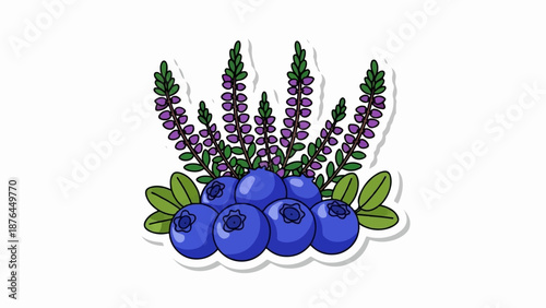 A vibrant cluster of plump blueberries, adorned with delicate purple flowers and green leaves