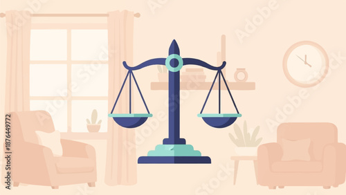 A stylized living room features a balance scale as a central focus, flanked by armchairs and plants