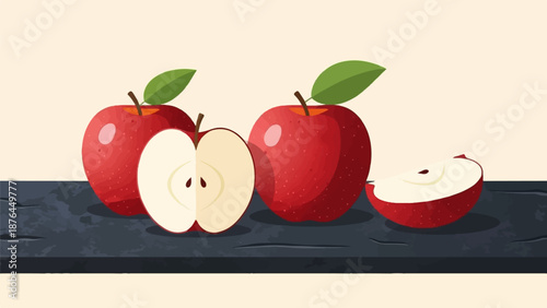 A still life composition featuring two whole red apples, one cut in half, and a slice on a dark surface