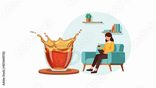 A woman relaxes on a teal sofa, enjoying a drink and a tablet, next to a splashing tea cup