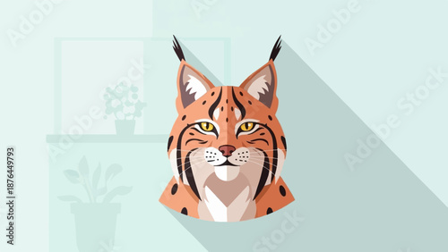 A stylized lynx head with yellow eyes and tufted ears, set against a light blue background with plants