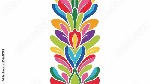 A vibrant, colorful vertical floral pattern with a symmetrical, repeating design in a painterly style