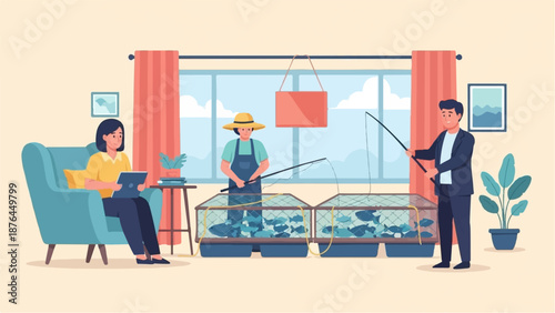 A woman relaxes with a tablet while two people fish indoors amidst tanks of fish
