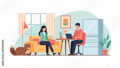 A woman sits on a couch while a man works on a laptop at a desk, with a cat nearby